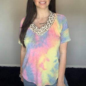 New tie dye leopard v-neck top shirt
